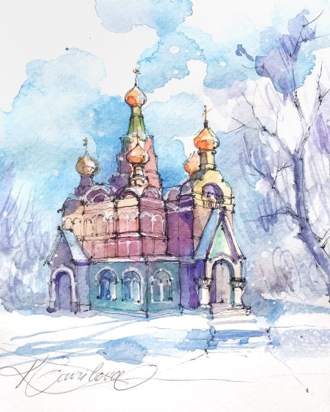 Храмы скетчинг в акварели