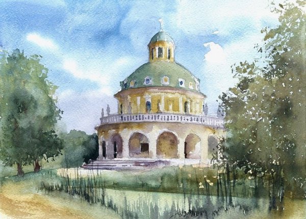 Трушникова пейзаж Церковь акварель