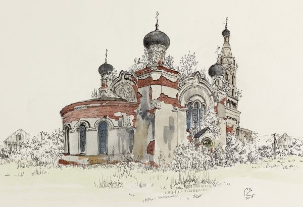 Пленэр Церковь акварелью