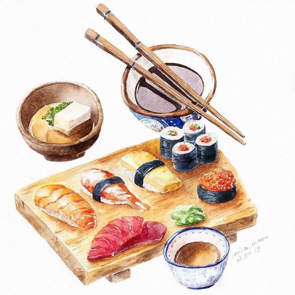 Суши скетчинг акварелью