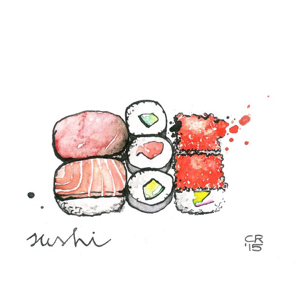 Суши рисунок акварелью