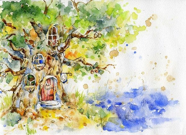 Сказочный домик акварелью