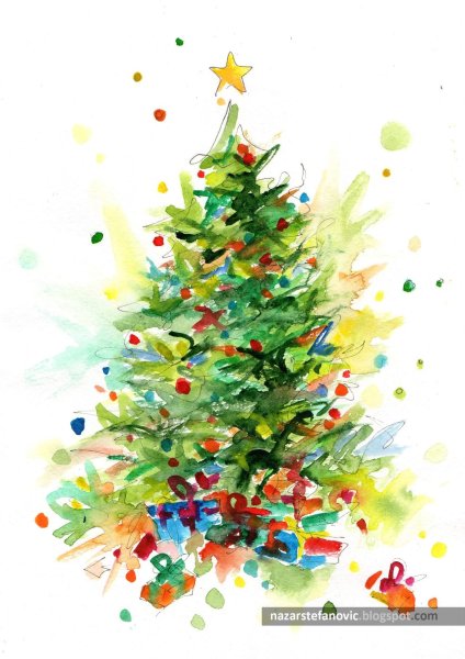 Нарисовать елку акварелью