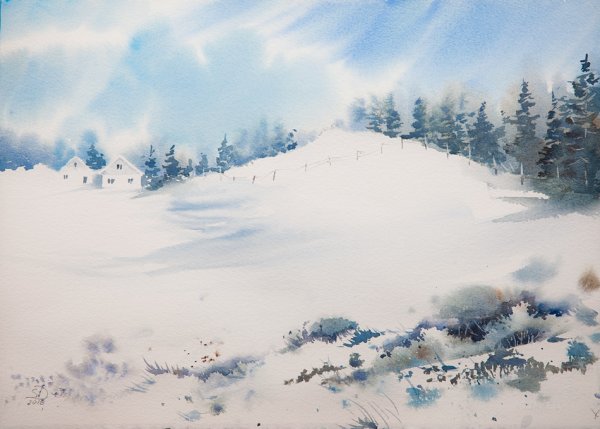 Зимнее небо акварелью