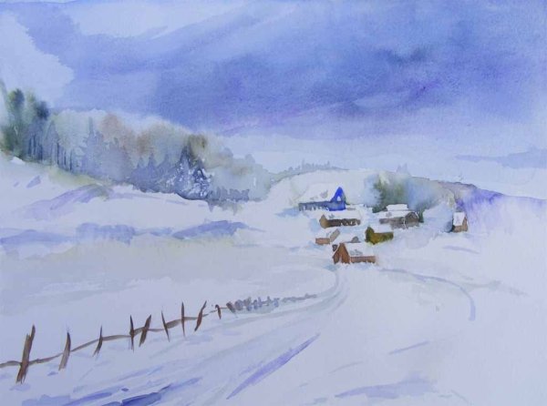 Поле акварель зимнее