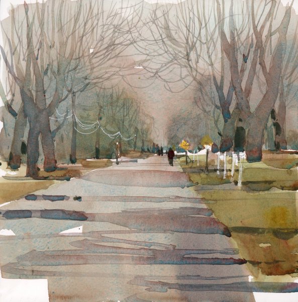 Весенний городской пейзаж акварелью