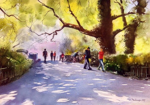 Пейзаж акварелью парк