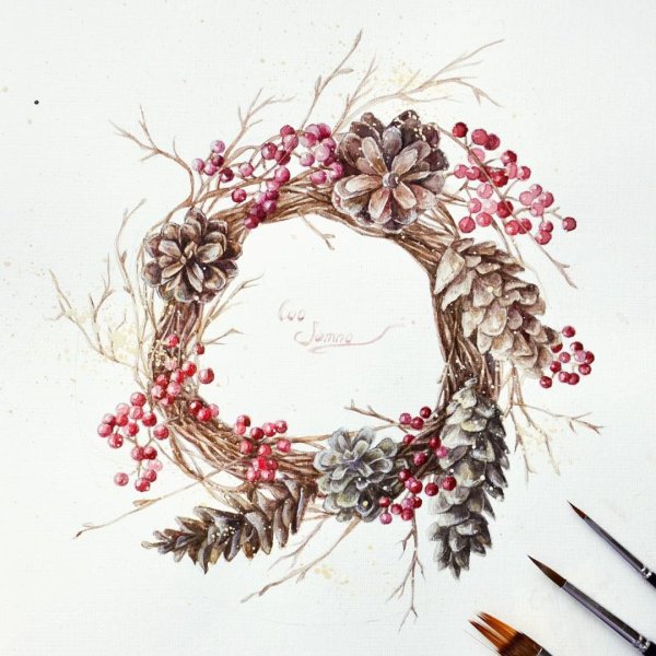 Рождественский акварельный венок