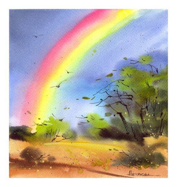 Акварельные пейзажи с радугой