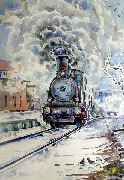 Железная дорога акварель