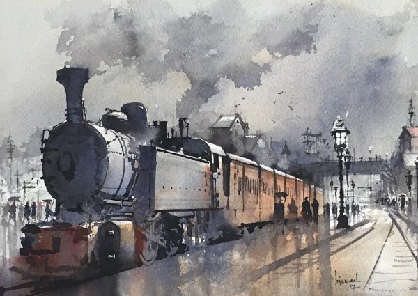 Паровоз акварель