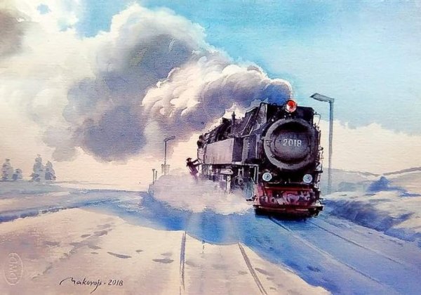 Железная дорога акварель