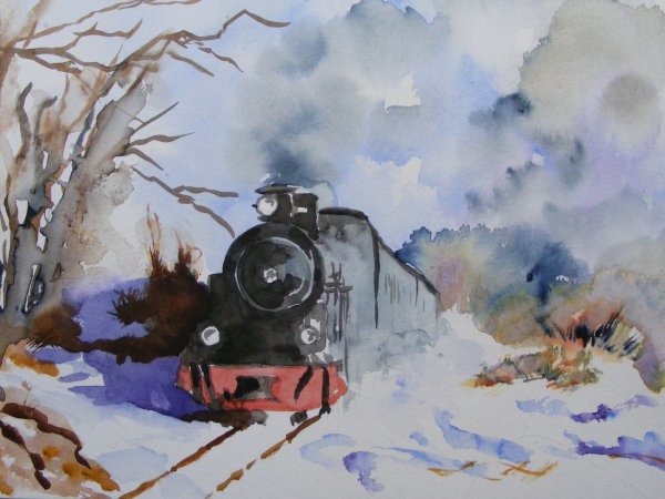 Паровоз акварель
