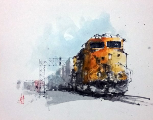 Поезд акварель