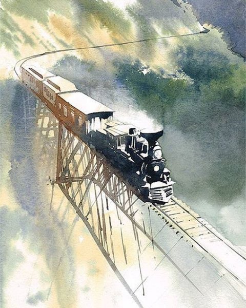 Поезд старинный акварель