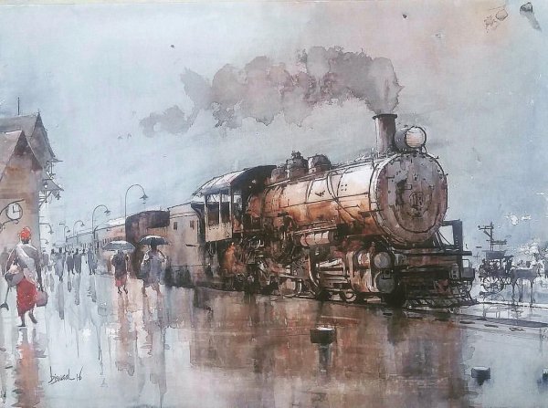 Поезд акварель