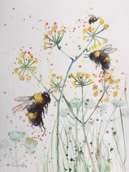 Пчелы с цветами акварель