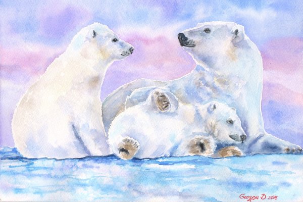 Белый медведь акварелью для детей