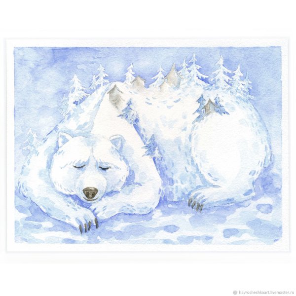 Белый мишка акварель