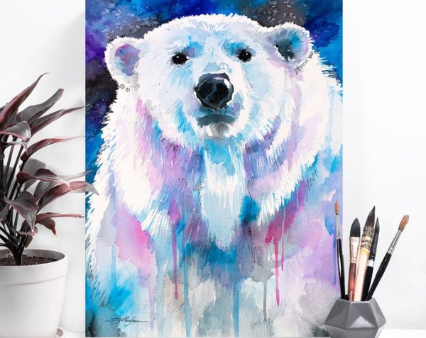 Белый мишка акварель