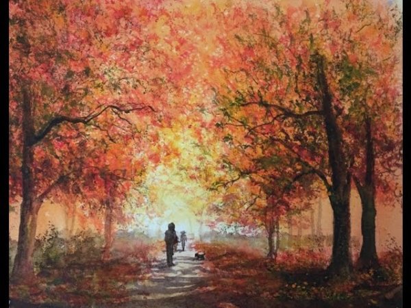 Осенний парк акварель