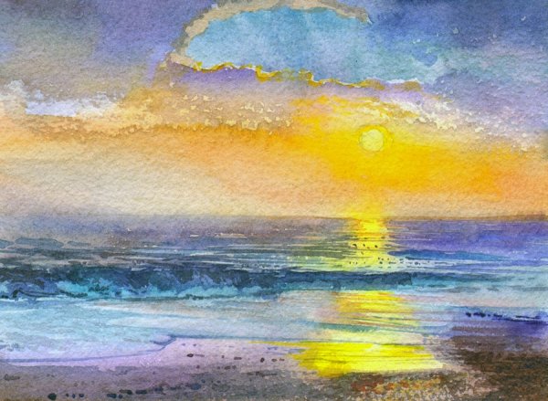 Закат на море акварелью