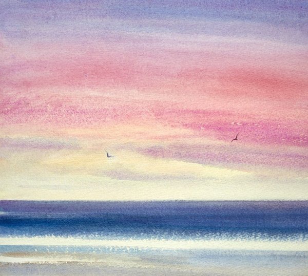 Закат на море акварелью