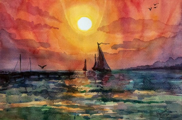 Закат на море акварелью