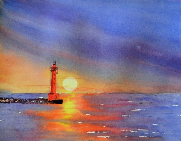 Закат на море акварелью