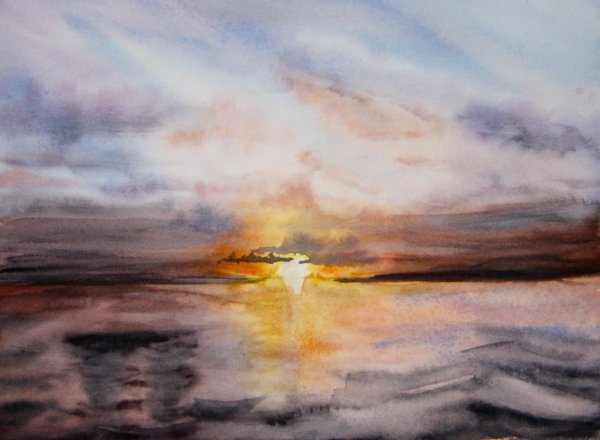 Закат на море акварелью