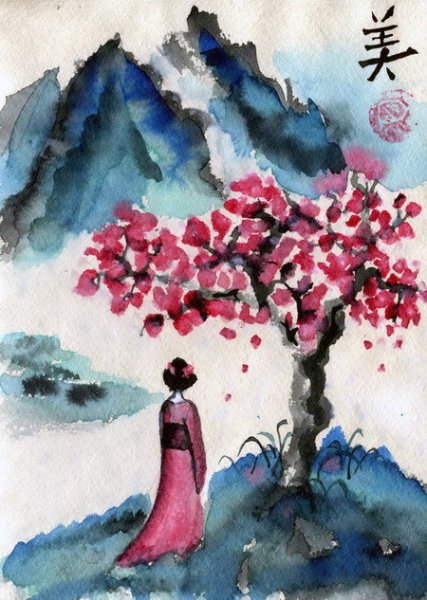 Японская традиционная Суми-э живопись. Гора Фудзи, Сакура