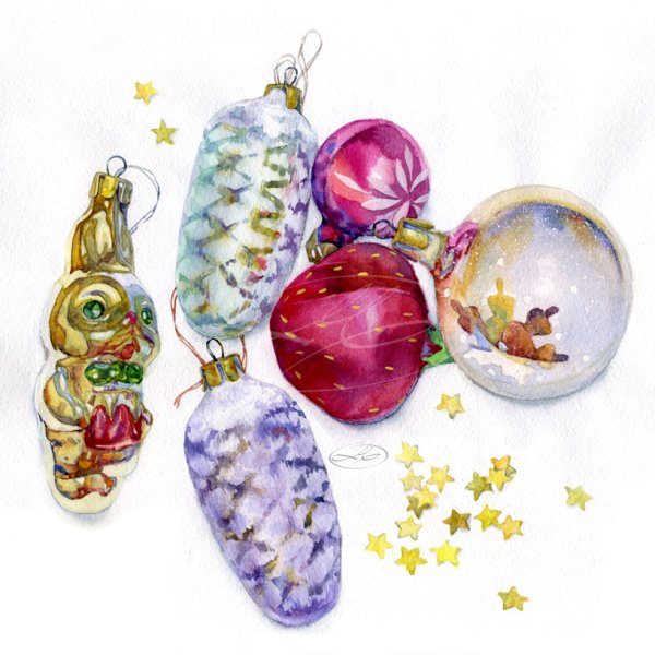 Новогодние игрушки акварель