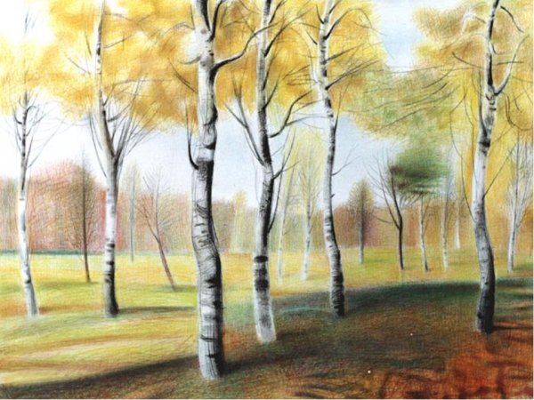 Осенний пейзаж цветными карандашами