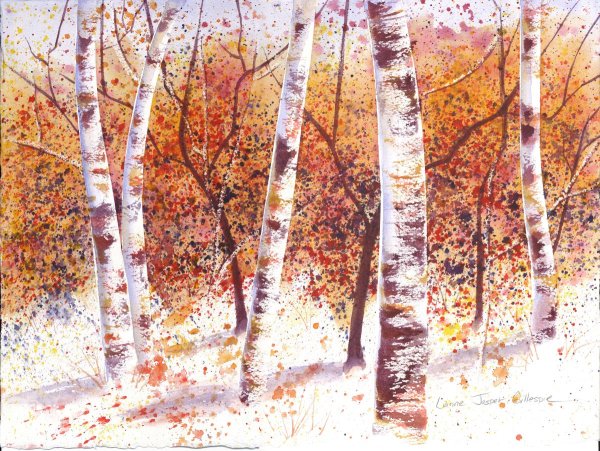 Акварель осень березы