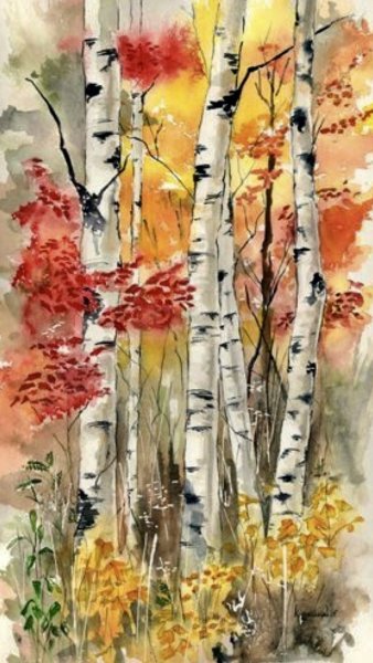 Осенний лес акварелью для детей