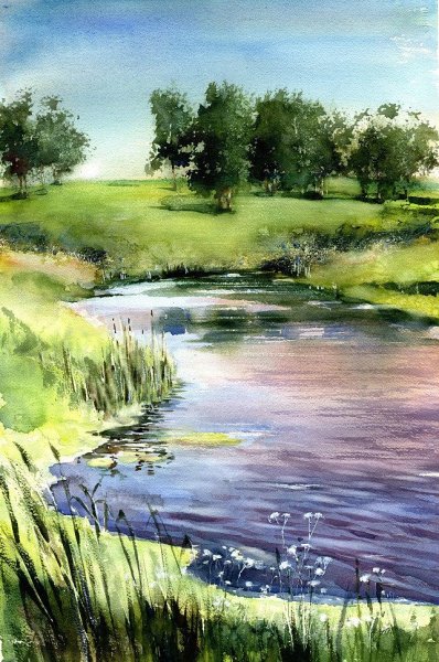 Летний пейзаж акварелью