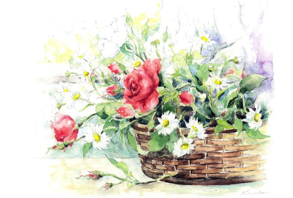 Корзинка с цветами акварель