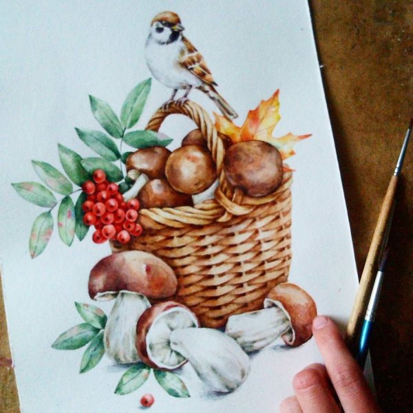 Корзина с грибами гуашью