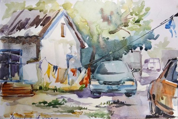 Етюд Плиннер село акварельный