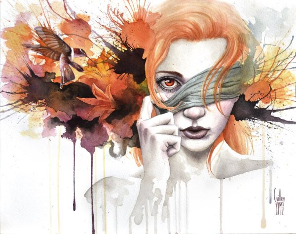 Осенняя девушка акварель