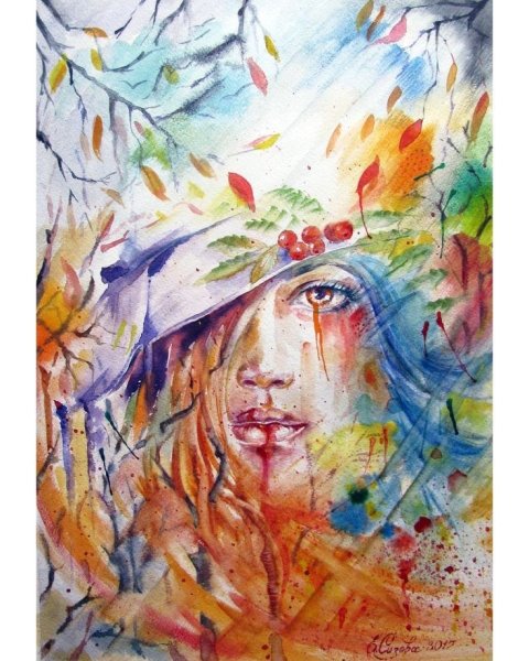 Девушка осень акварель