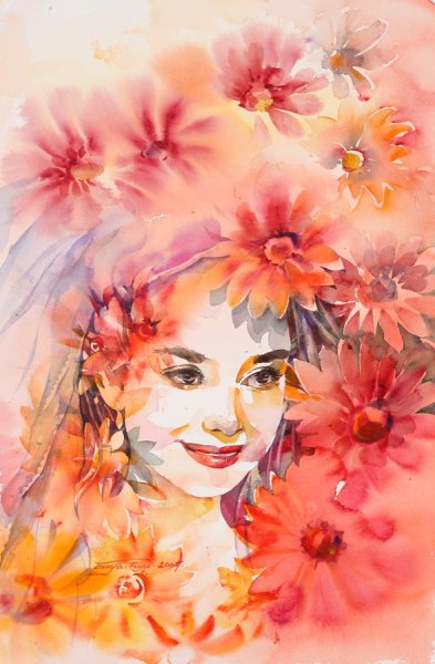 Осенняя девушка акварель