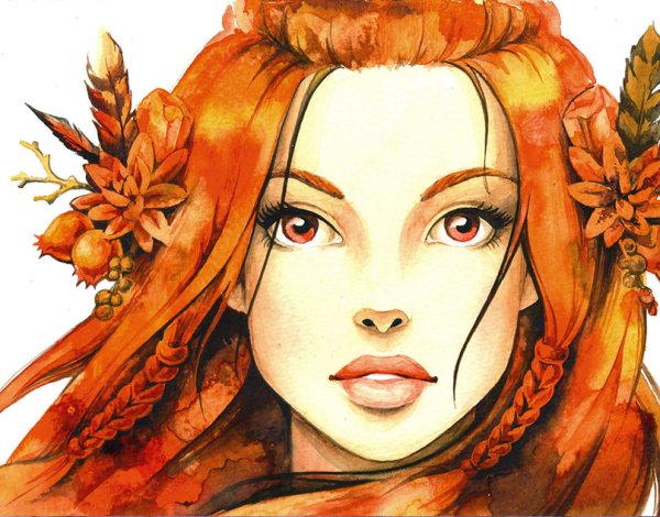 Девушка осень акварель