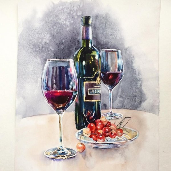 Бутылка вина акварелью