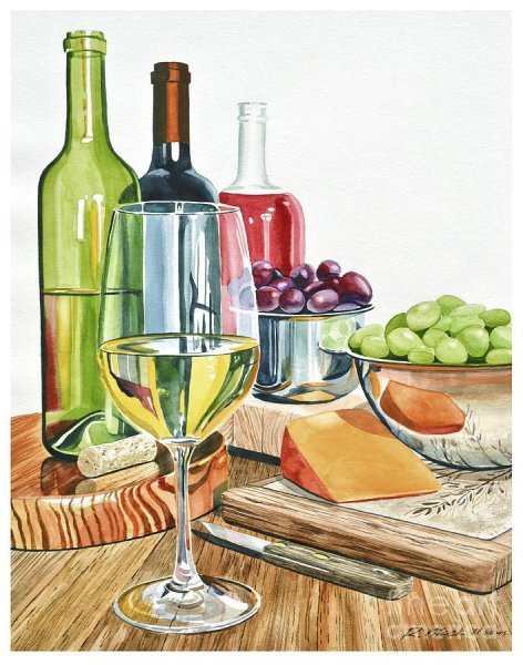 Бутылка вина акварелью