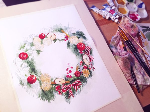 Рождественский акварельный венок