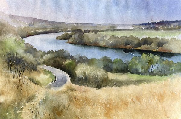 Панорамный пейзаж акварелью