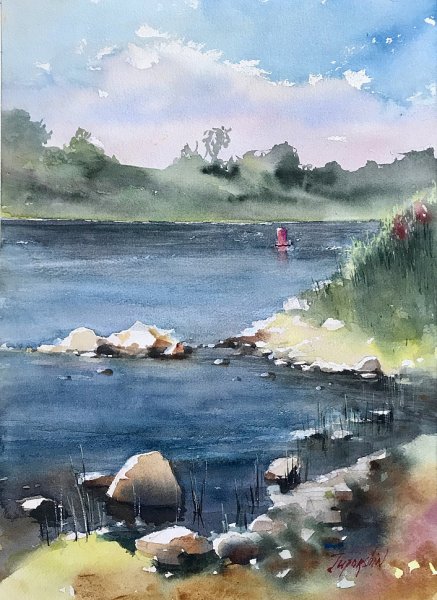 Речной пейзаж акварелью