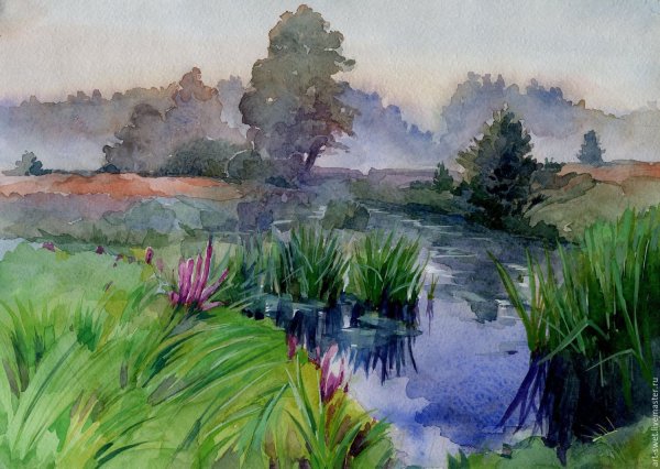 Летний пейзаж акварелью