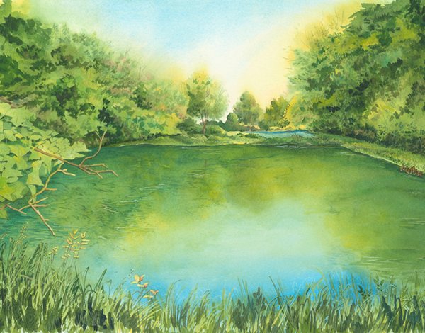Речной пейзаж акварелью